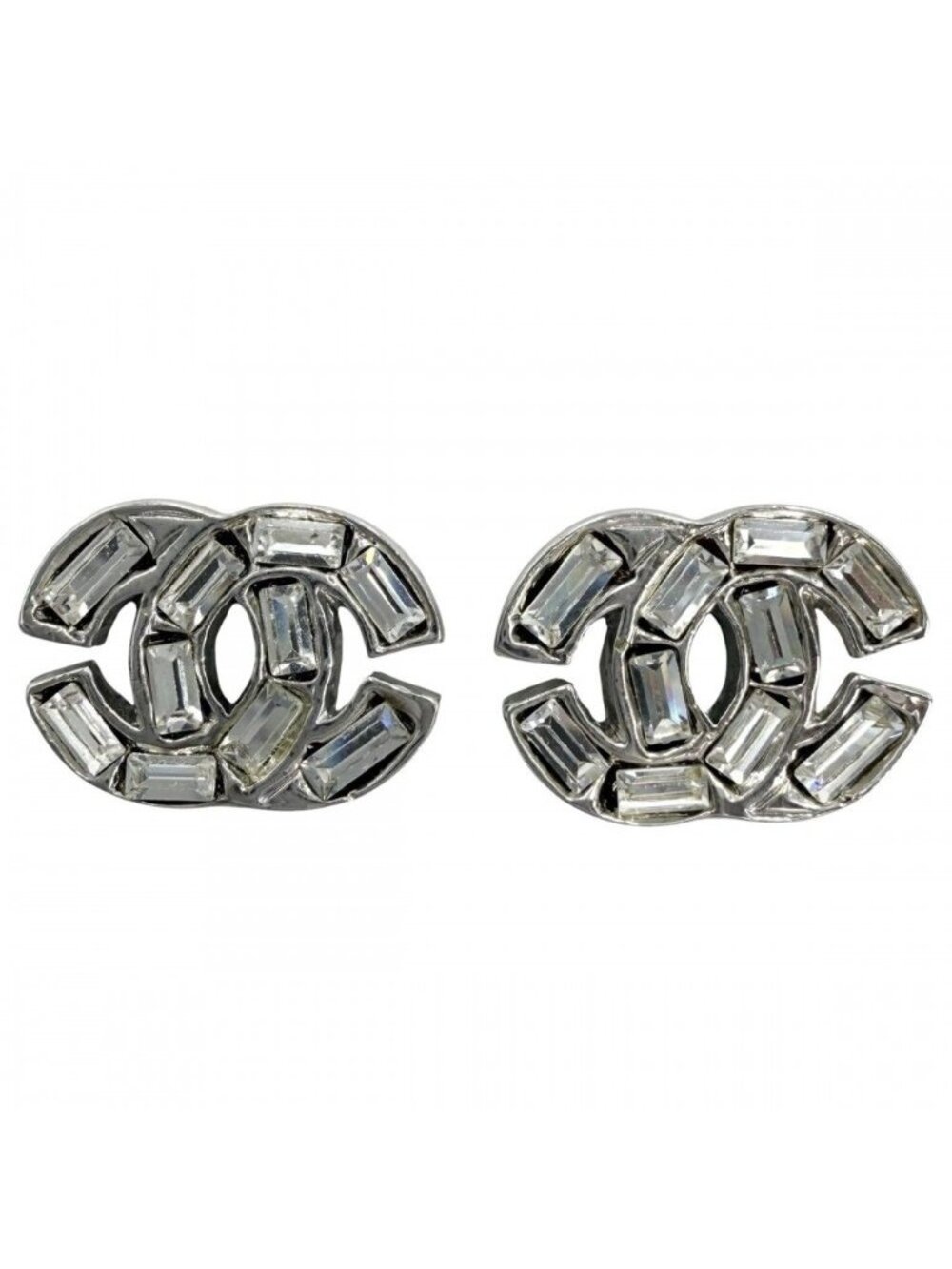 Chanel Earrings CC Logo Rhinestone Silver